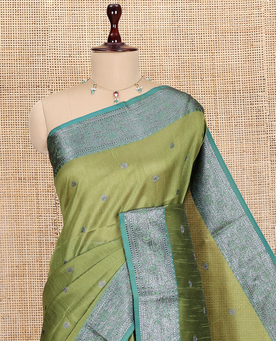 Elachi Green Semi-Raw Silk Saree Features Thread Buttas, Contrast Intricate Border, Striped Pallu, and a Contrast Blouse