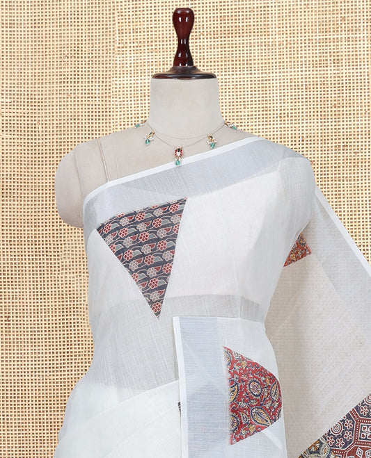 Cream Linen Cotton Saree, Elevated with Triangle Print, a Subtle Zari Border, Ajrakh Patch Printed Pallu, and a Contrast Blouse
