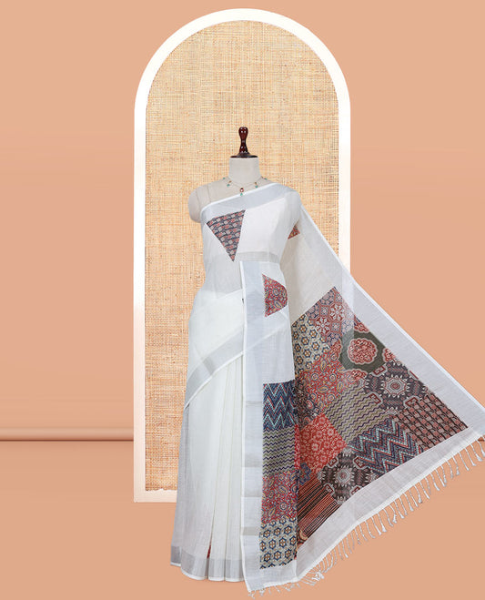 Cream Linen Cotton Saree, Elevated with Triangle Print, a Subtle Zari Border, Ajrakh Patch Printed Pallu, and a Contrast Blouse