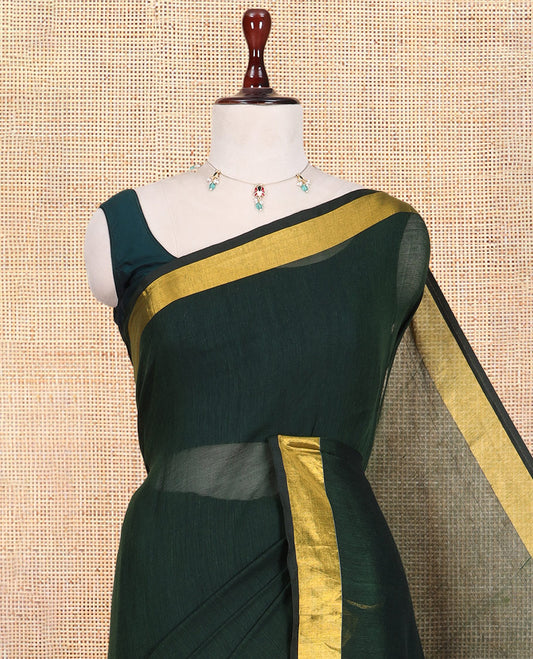 Green Plain Khadi Mul Cotton Saree, a Gold Zari Border, Sequins Striped Pallu, and a Matching Blouse