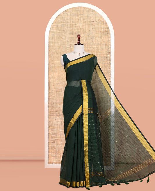 Green Plain Khadi Mul Cotton Saree, a Gold Zari Border, Sequins Striped Pallu, and a Matching Blouse