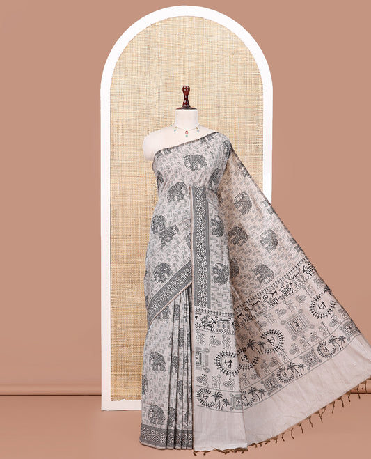 Light Brown South Cotton Saree Features Leaf and Elephant Motifs Print, a Subtle Printed Border, and a Matching Blouse