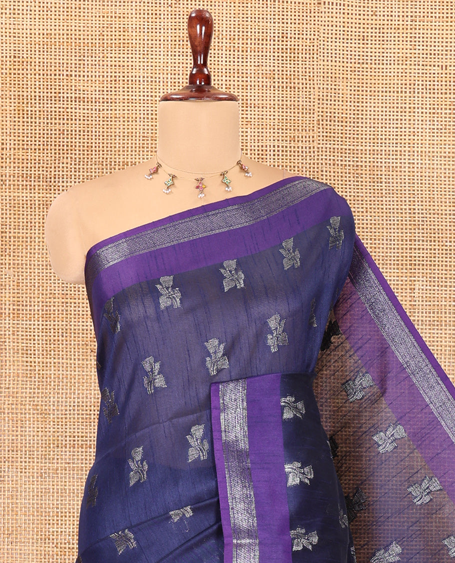 Navy Blue Semi-Raw Silk Saree, Sparsely Woven with Zari Buttas, Complemented by Contrast Zari Border, Striped Pallu, and a Contrast Blouse