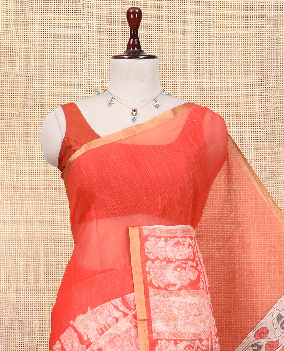 Fanta Linen Cotton Saree Features Kalamkari-Style Human Motifs Print, a Piping Border, Contrast Printed Pallu, and Contrast Blouse
