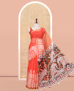 Fanta Linen Cotton Saree Features Kalamkari-Style Human Motifs Print, a Piping Border, Contrast Printed Pallu, and Contrast Blouse