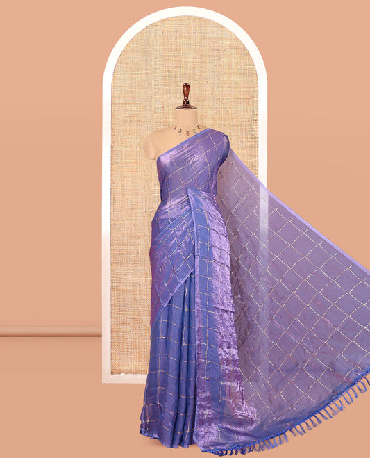 Borderless Indigo Blue Fendi Chiffon Saree, Elevated with Checks, a Self-Pallu, and No Blouse