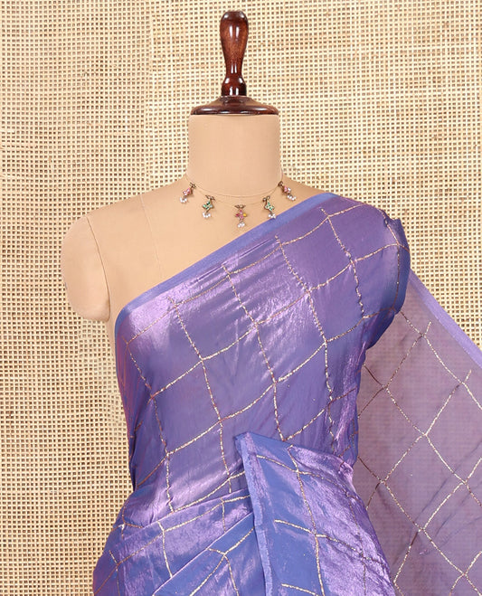 Borderless Indigo Blue Fendi Chiffon Saree, Elevated with Checks, a Self-Pallu, and No Blouse
