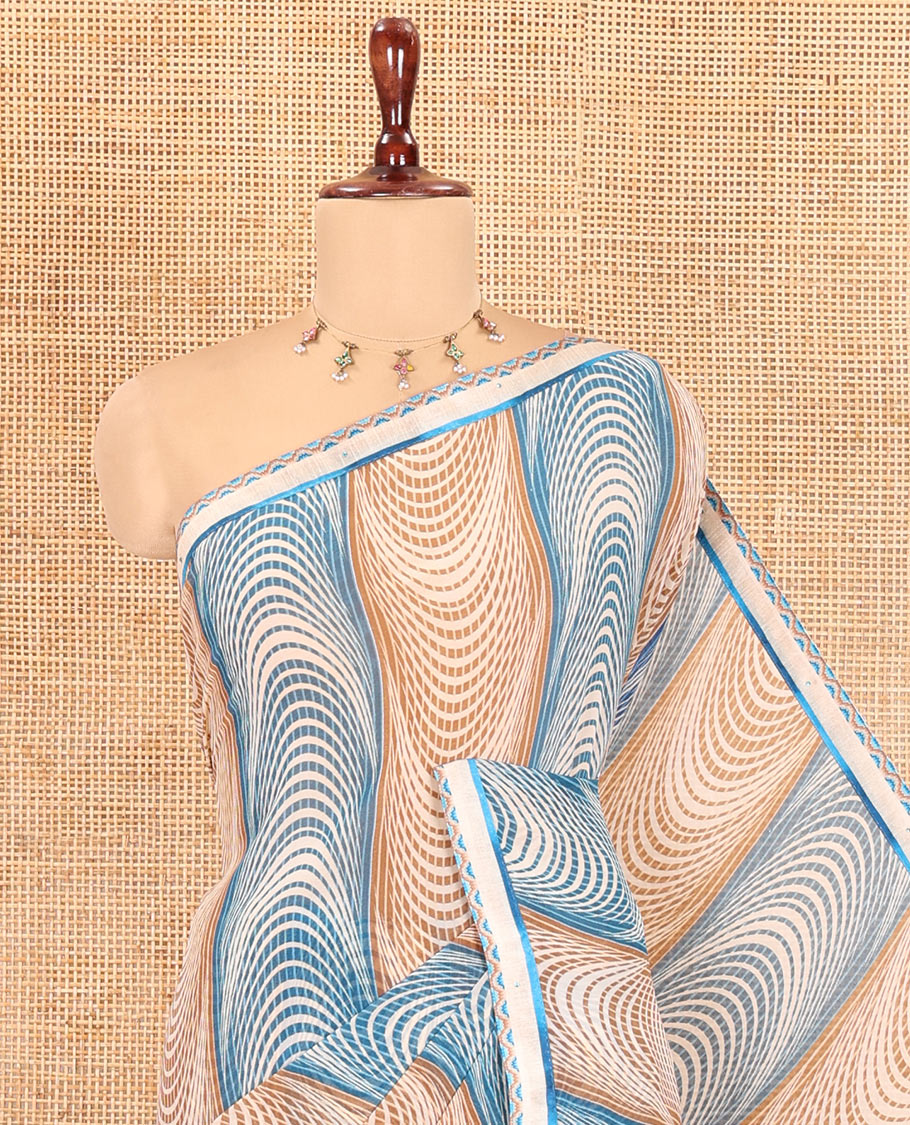 Brown-Blue Chiffon Saree, Elevated with Geometric Print, a Lace Border, and a Polka-Dotted Blouse