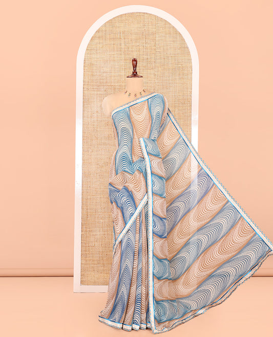 Brown-Blue Chiffon Saree, Elevated with Geometric Print, a Lace Border, and a Polka-Dotted Blouse