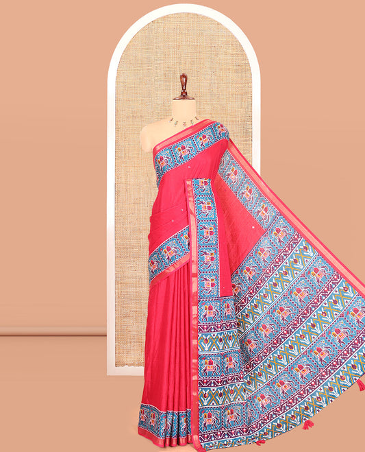 Rani Pink Manipuri Tussar Saree Features Mirror Work, Contrast Patola Elephant Printed Border, Patola Pallu, Matching Blouse