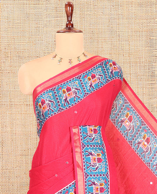 Rani Pink Manipuri Tussar Saree Features Mirror Work, Contrast Patola Elephant Printed Border, Patola Pallu, Matching Blouse