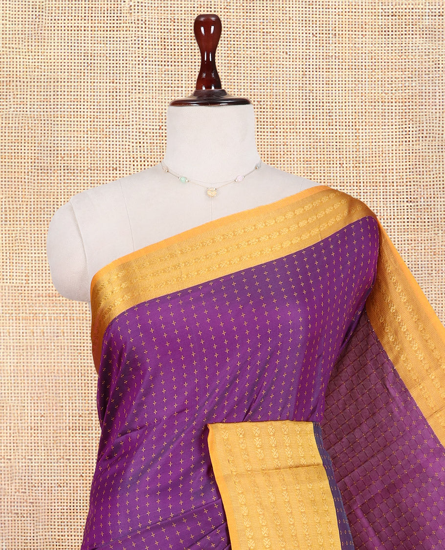 Violet Semi-Soft Silk Saree, Adorned with Plus Buttas, Contrast Rudraksha Border, Striped Pallu, Contrast Blouse