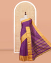 Violet Semi-Soft Silk Saree, Adorned with Plus Buttas, Contrast Rudraksha Border, Striped Pallu, Contrast Blouse