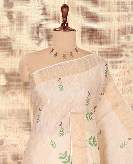 Cream-Wine Tissue Linen Cotton Saree Features Floral Buttas, a Zari Border, Floral Pallu, Matching Blouse
