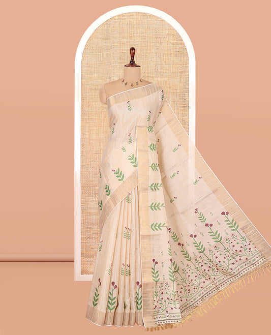 Cream-Wine Tissue Linen Cotton Saree Features Floral Buttas, a Zari Border, Floral Pallu, Matching Blouse