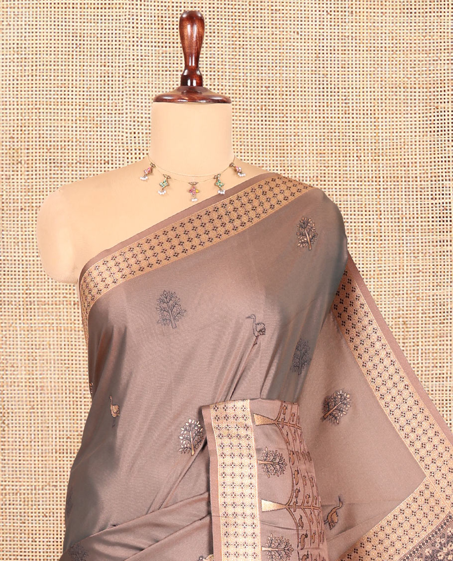 Brown Satin Silk Saree, Adorned with Flora-Fauna Buttas, Tree-Bird Border, Intricate Pallu, Matching Blouse