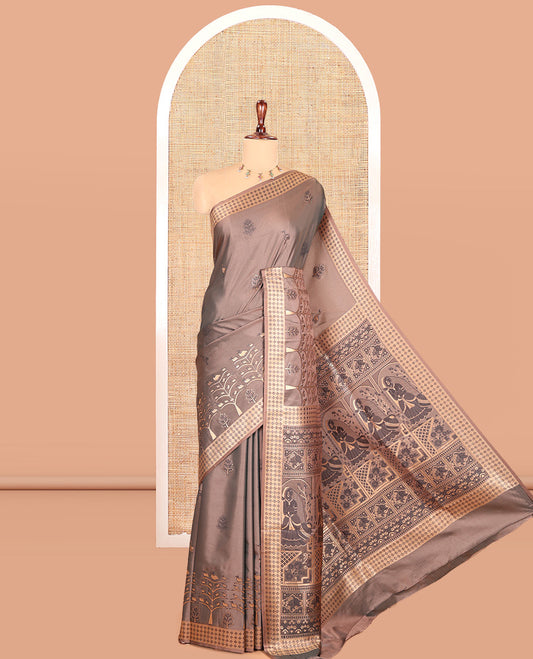 Brown Satin Silk Saree, Adorned with Flora-Fauna Buttas, Tree-Bird Border, Intricate Pallu, Matching Blouse