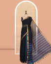 Black Half-And-Half Striped Mangalgiri Cotton Saree, a Temple Border, Striped Pallu, Contrast Blouse