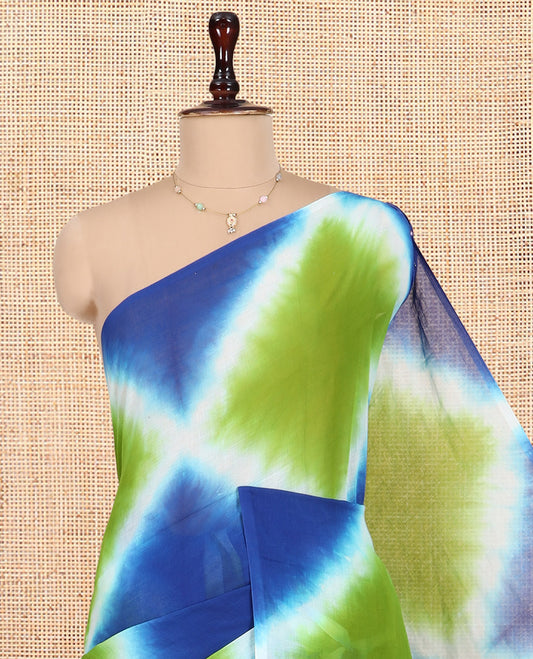 Borderless Royal-Green Diamond Shibori Printed Khadi Mul Cotton Saree, and No Blouse