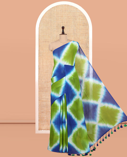 Borderless Royal-Green Diamond Shibori Printed Khadi Mul Cotton Saree, and No Blouse