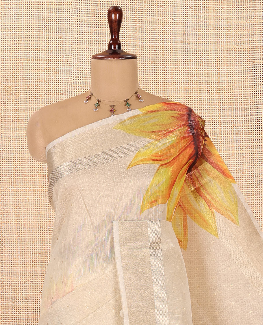 Gold Tissue Linen Saree Features Sunflower Print, a Zari Border, and a Matching Blouse