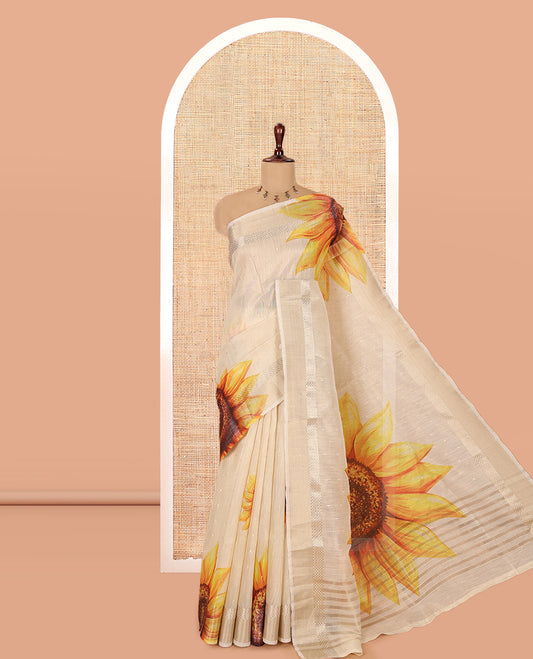 Gold Tissue Linen Saree Features Sunflower Print, a Zari Border, and a Matching Blouse