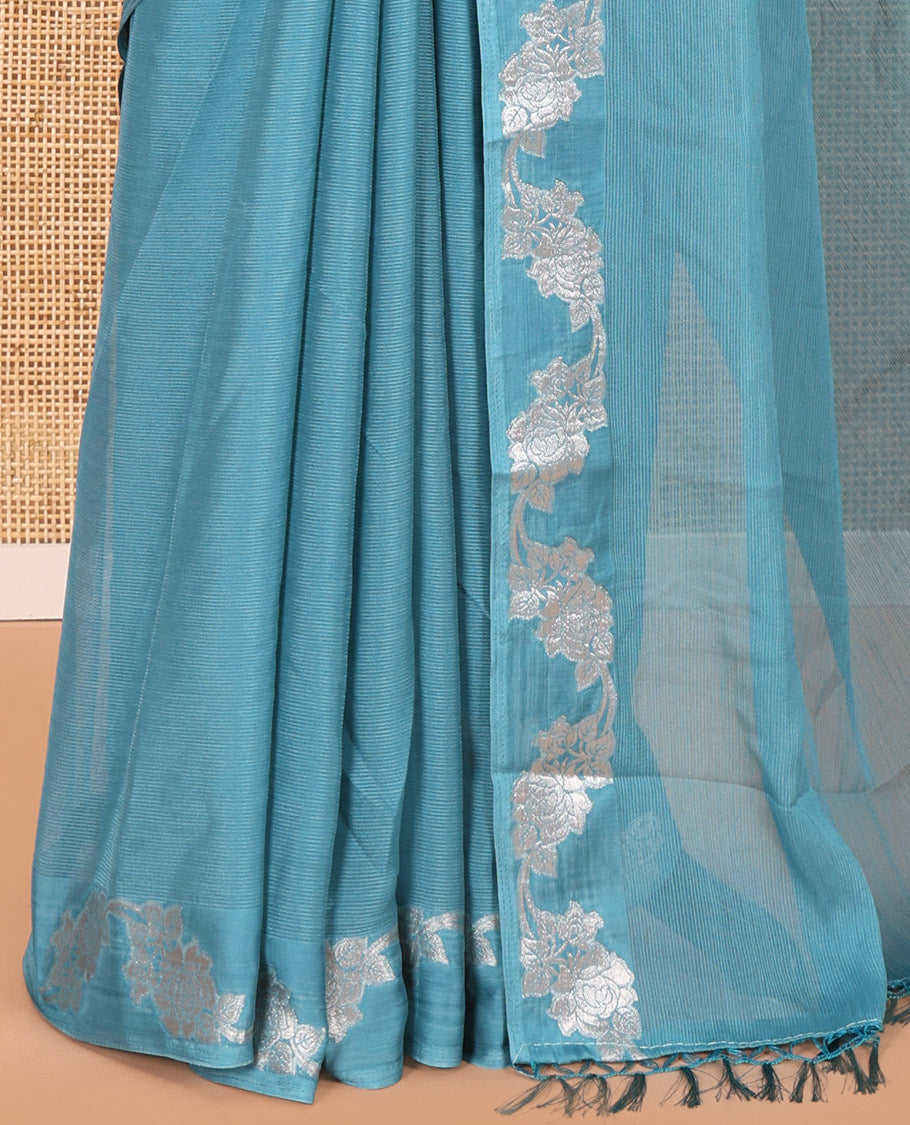 Blue Wrinkle Chiffon Saree, Highlighted by Floral Creeper Border, and No Blouse