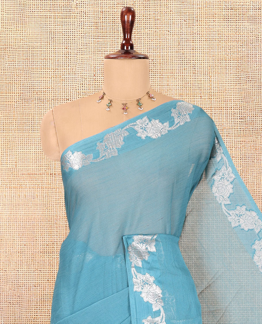 Blue Wrinkle Chiffon Saree, Highlighted by Floral Creeper Border, and No Blouse
