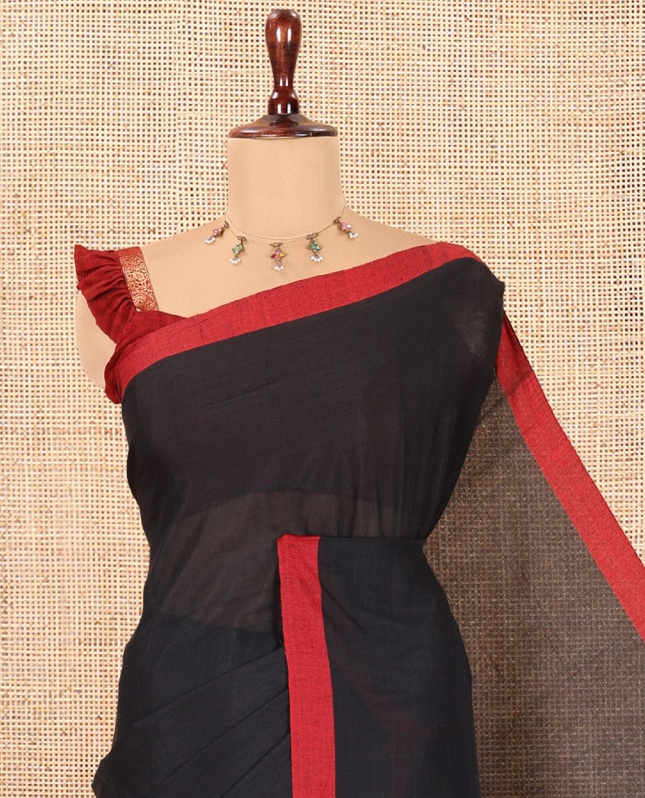 Black Plain Khadi Cotton Saree, a Contrast Border, a Self-Pallu, and No Blouse