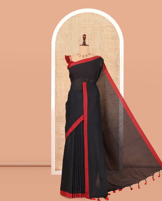 Black Plain Khadi Cotton Saree, a Contrast Border, a Self-Pallu, and No Blouse