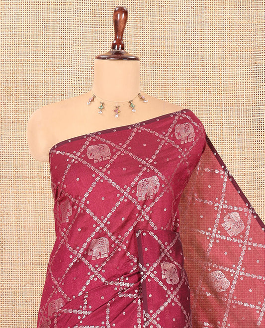 Borderless Purple Vichitra Silk Saree Features Elephant Butta Enclosed Jaal Design, a Self-Pallu, and No Blouse