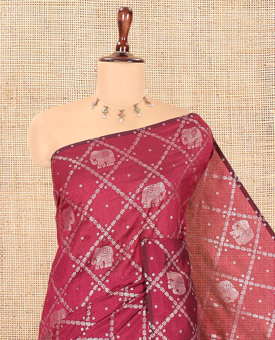 Borderless Purple Vichitra Silk Saree Features Elephant Butta Enclosed Jaal Design, a Self-Pallu, and No Blouse