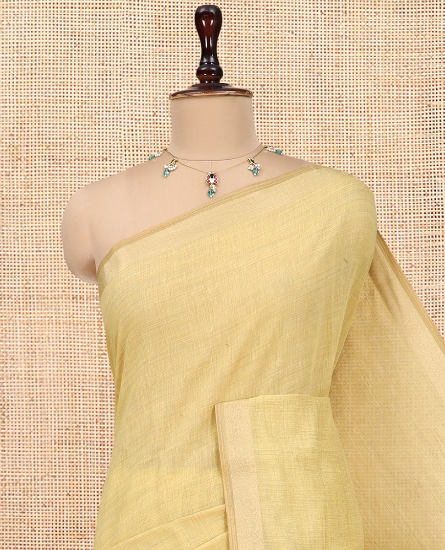 Yellow Plain Semi-Tussar Saree, a Zari Border, Multi-Colored Striped Pallu, and a Contrast Blouse