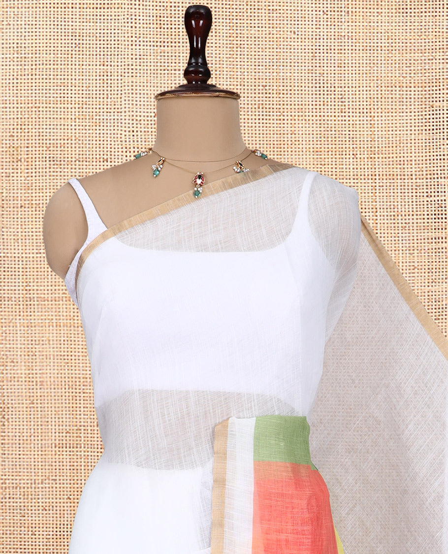 White Linen Cotton Saree, Complemented by a Contrast Multi-Color Checked Border, a Contrast Blouse