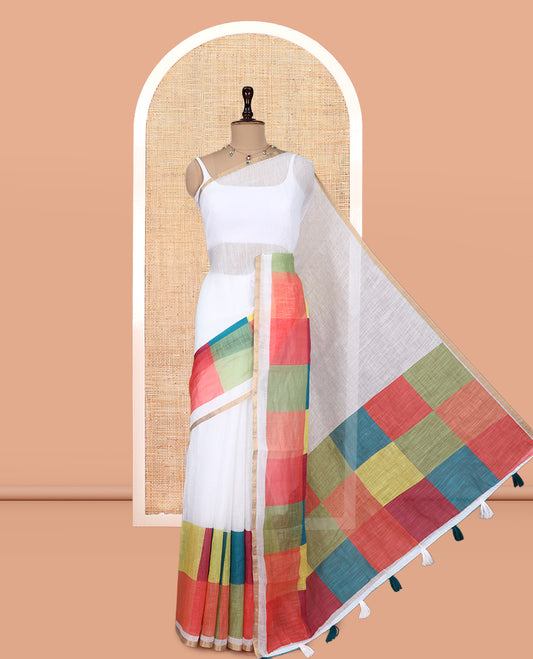 White Linen Cotton Saree, Complemented by a Contrast Multi-Color Checked Border, a Contrast Blouse