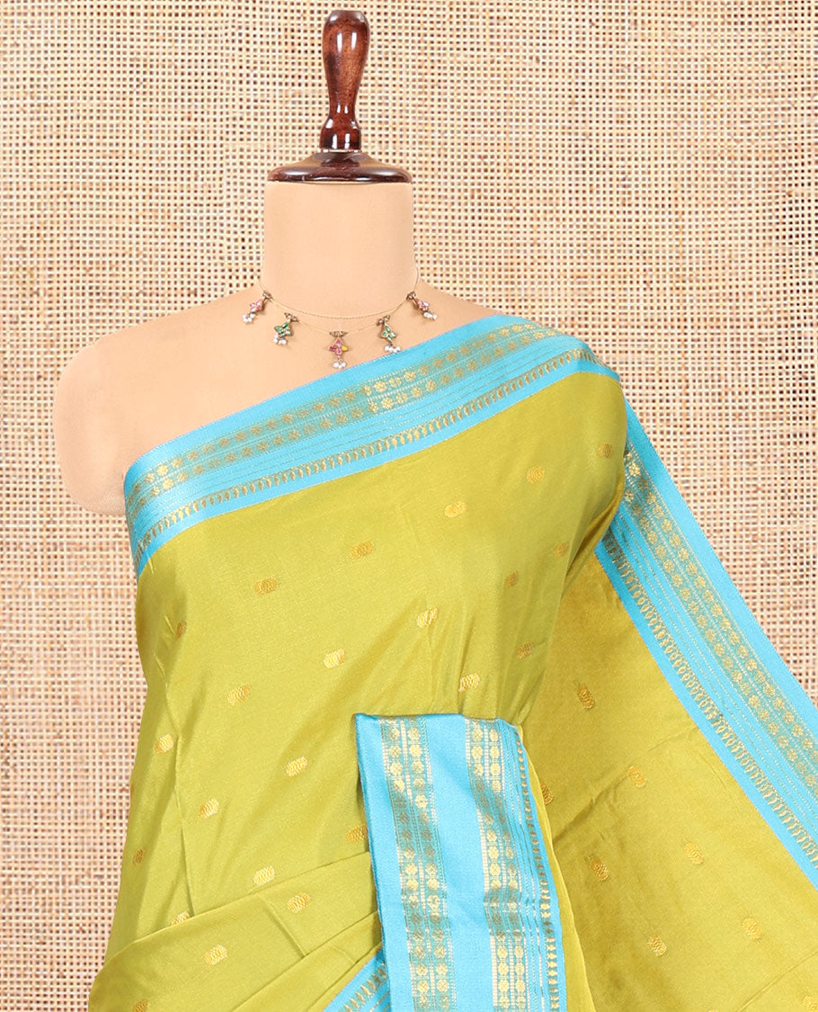 Parrot Green-Blue Softy Silk Saree, Adorned with Zari Buttas, a Contrast Traditional Zari Border, and a Matching Blouse