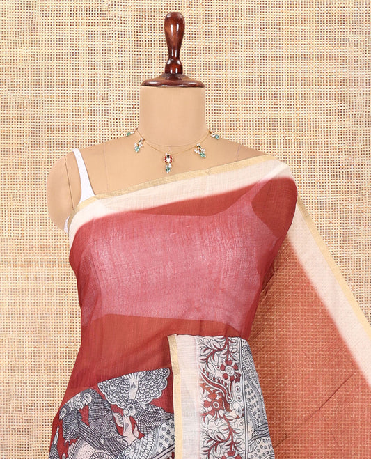 Maroon Linen Cotton Saree, Decked Up with Kalamkari Floral-Bird Print, Contrast Border, Kalamkari Peacock Pallu, a Contrast Blouse