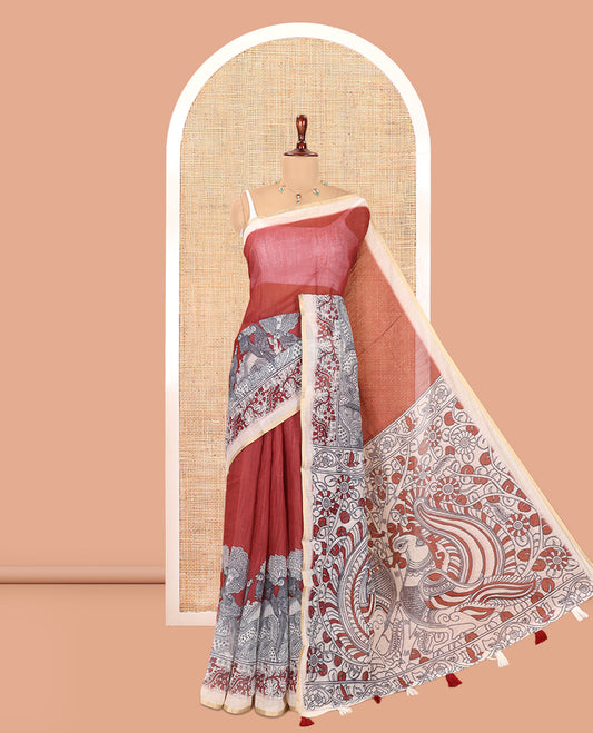 Maroon Linen Cotton Saree, Decked Up with Kalamkari Floral-Bird Print, Contrast Border, Kalamkari Peacock Pallu, a Contrast Blouse