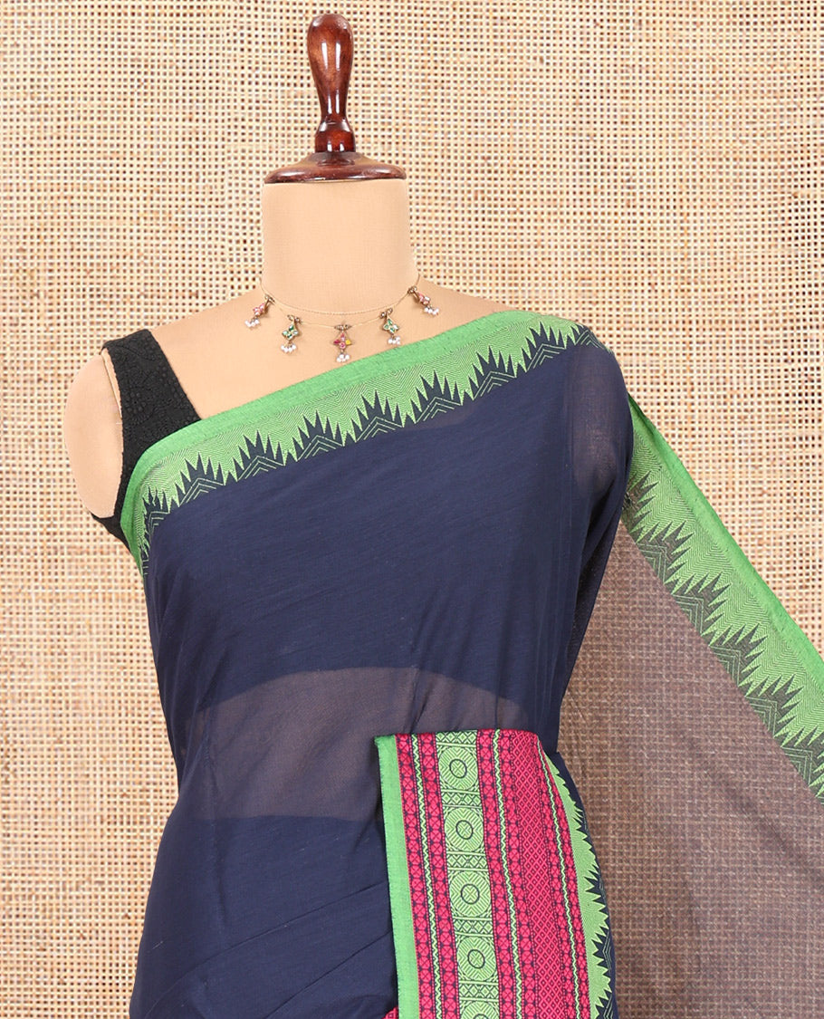 Navy Blue Plain Chettinad Cotton Saree, a Contrast Traditional Motifs Woven Thread Temple Border, Striped Pallu, and No Blouse