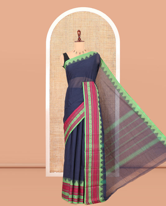 Navy Blue Plain Chettinad Cotton Saree, a Contrast Traditional Motifs Woven Thread Temple Border, Striped Pallu, and No Blouse
