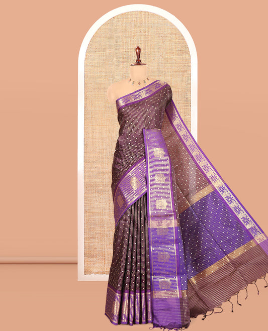 Wine Semi-Katan Silk Saree, Enriched with Buttas and Zari Checks, a Contrast Traditional Zari Border, and a Contrast Blouse