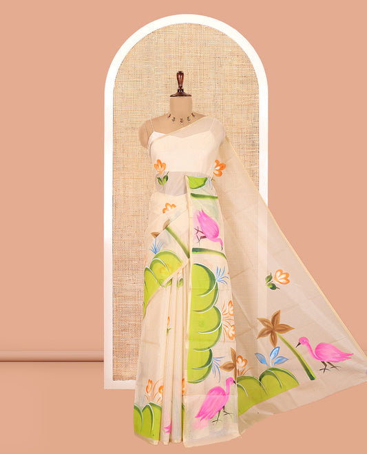 Cream Kota Doria Saree, Artfully Adorned with Floral and Flamingo Hand-Brush Print, a Piping Border, a Matching Blouse