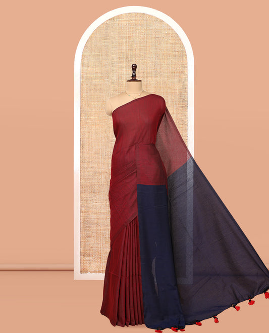 Borderless Maroon Plain Design Khadi Cotton Saree
