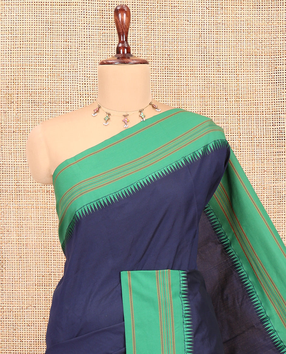 Navy Blue-Green Plain Mercerised Cotton Saree