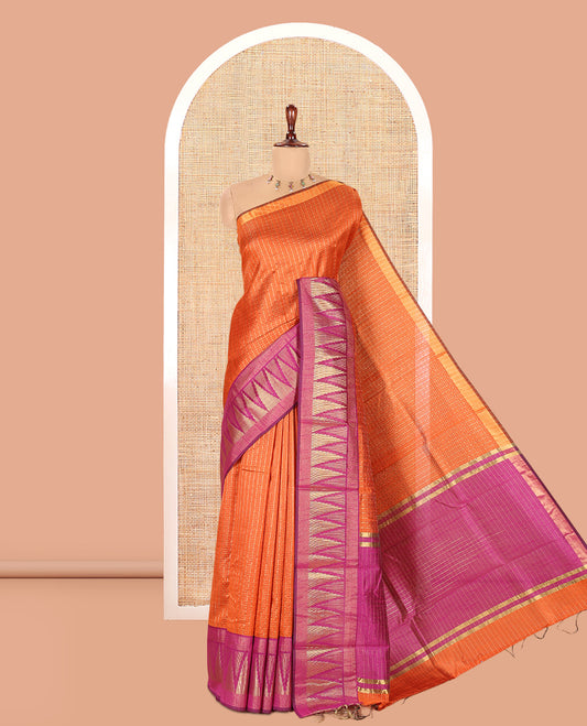 Rust Orange-Magenta Semi-Raw Silk Saree