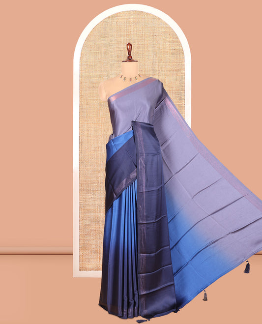 Ink Blue-Navy Blue Plain Ombre-Style Satin Crepe Saree