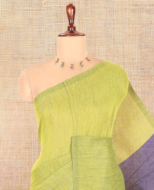 Borderless Mehendi Green-Royal Blue Plain Khadi Cotton Saree