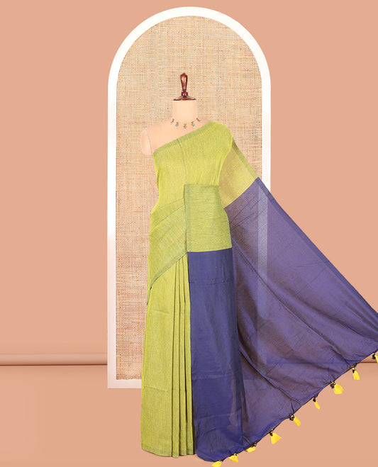 Borderless Mehendi Green-Royal Blue Plain Khadi Cotton Saree