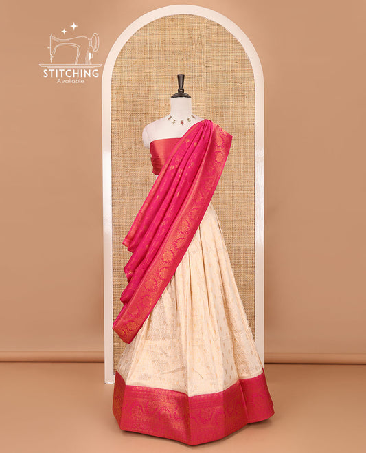 Cream-rani pink half-saree, zari jacquard & contrast traditional zari border banaras softy skirt, semi-banaras jacquard blouse & contrast zari design blouse