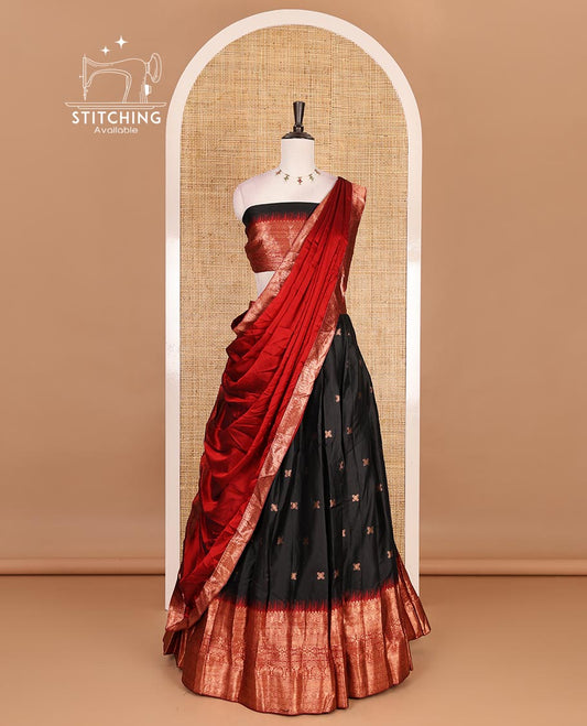 Black taffeta silk half saree, zari buttas with contrast Maroon traditional zari border, matching zari blouse, and contrast plain zari border dhavani